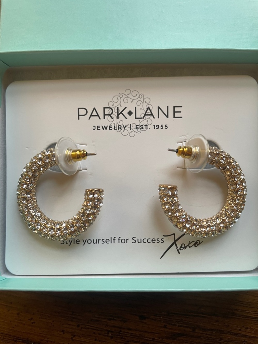 New in Box Park Lane Gold Crystal Pave C-Shape Hoop Earrings
